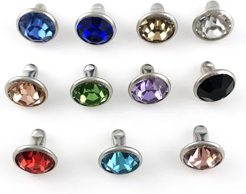 Miniatura 6 de 100 juegos de remaches de 8 mm de colores mixtos con cristales CZ, remaches de strass, remaches de plata con puntas de color plateado