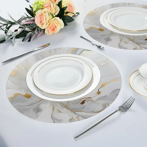 Miniatura 4 de Round Placemats Set of 6, White Golden Marble Print Heat Resistant Washable Place Mats Table Mat for Kitchen Dining Party