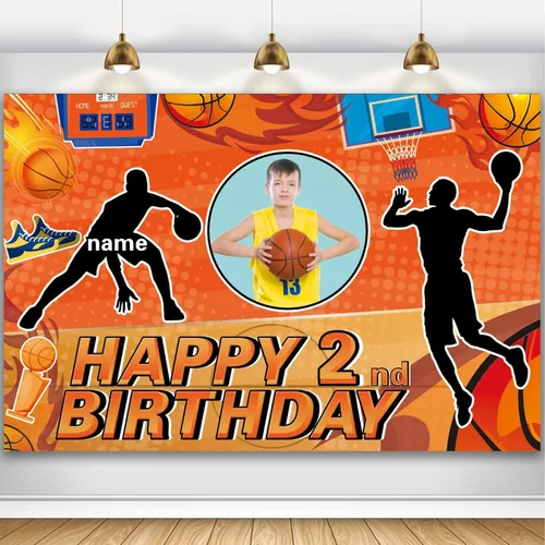 Miniatura 28 de Cartel personalizado de decoración de fiesta de cumpleaños de medio año, tema de baloncesto personalizado, fondo de deportes de baloncesto de feliz