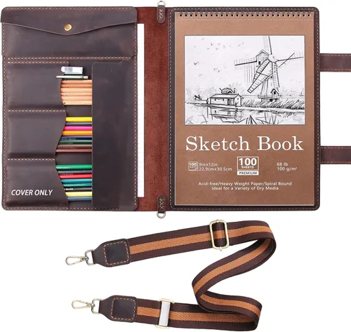 Miniatura 10 de Robrasim Funda de Cuero para Cuaderno de Bocetos Hecha a Mano, Soporte para Bloc de Bocetos de Artista para Cuaderno de Bocetos de 9 x 12 pulgadas