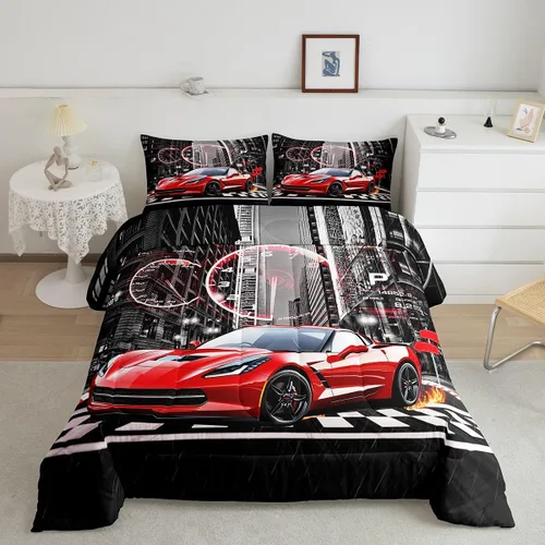 Miniatura 43 de Feelyou Juego de edredón azul de carreras para niños, juego de ropa de cama de coche deportivo para niños y niños, edredón deportivo geométrico a