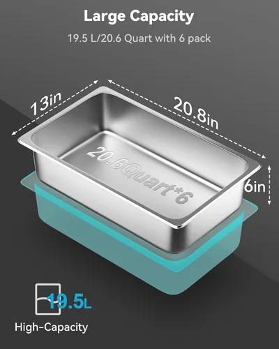 Miniatura 3 de ZeroPone Paquete de 6 sartenes de hotel, sartén de mesa de vapor de acero inoxidable de tamaño completo de 6" de profundidad, 52.8 cm L x 32.5 cm W