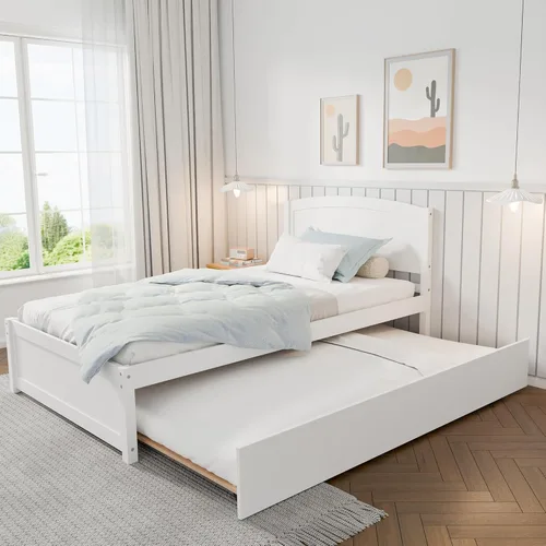 TOLEAD Cama diurna con nido, cama extraíble tamaño twin, cama diurna extensible de madera maciza con cama nido twin, incluye soporte de listones