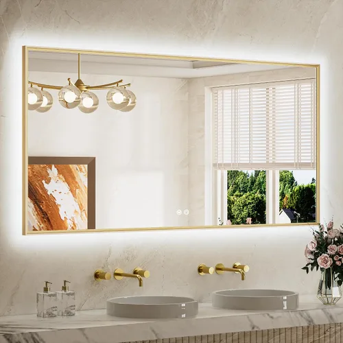 Miniatura 12 de TETOTE Espejo de baño retroiluminado de 30 x 36 pulgadas, marco de metal dorado cepillado, luz LED, 3 colores, blanco/cálido/natural, sin escalones