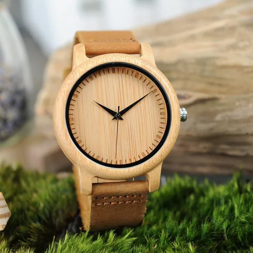 Miniatura 13 de BOBO BIRD Reloj de madera de bambú para hombre y mujer con correa de cuero de vaca marrón, relojes casuales de cuarzo analógico