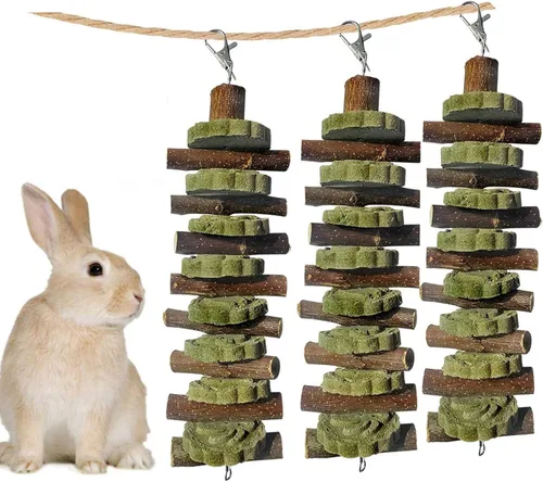 kathson 3 piezas de juguetes masticables de conejo para rechinar dientes, golosinas de chinchilla palos de bambú orgánico ramas de madera de fruta