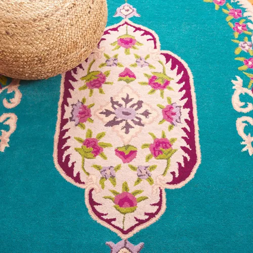 Miniatura 5 de SAFAVIEH Bellagio Collection - Alfombra decorativa de 2 x 3 pies, azul y rosa, hecha a mano de lana de medallón, ideal para zonas de alto tráfico