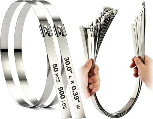 30-inch Extra Long Metal Zip Ties (50pcs) - Extra Wide Stainless Steel Cable Ties | 500lbs Heavy Duty Self-Locking Strap Ties for Industrial &