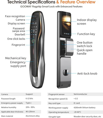 Miniatura 7 de Cerradura inteligente de reconocimiento facial 3D con cámara y manija, timbre de video, entrada sin llave 7 en 1, impermeable IP67, pantalla HD