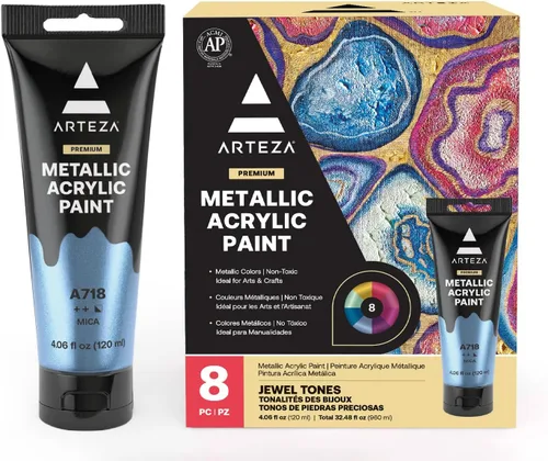 Miniatura 9 de ARTEZA Pintura acrílica metálica, juego de 8 tubos de colores clásicos de 4.06 onzas, pigmentos ricos, no se decolora, pinturas para artistas