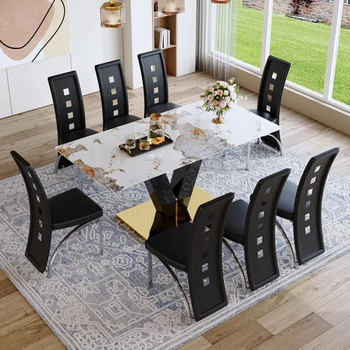 Miniatura 13 de Juego de mesa de comedor de 71 pulgadas para 6, moderno juego de mesa de comedor para 6, mesa de comedor de mármol con 6 sillas de comedor de piel