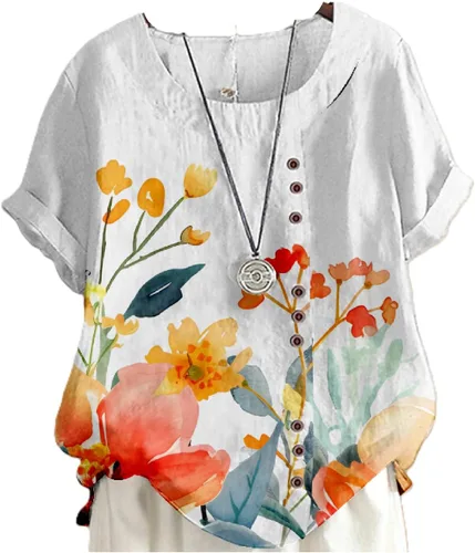 Miniatura 24 de domirica Camisetas de verano para mujer 2024 con estampado de flores, algodón, lino, manga corta, cuello redondo, camisas casuales de moda