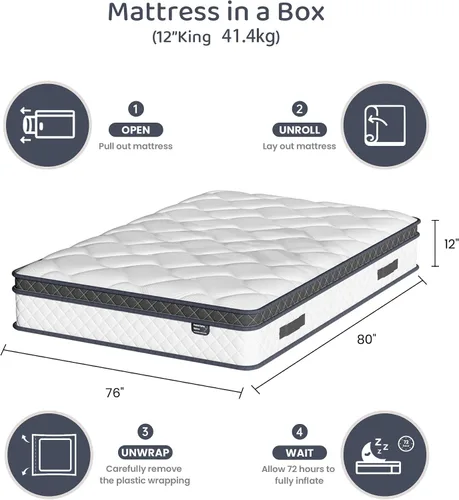 Miniatura 2 de Colchón tamaño King, colchón híbrido de 12 pulgadas con resortes de bolsillo individuales en caja, multicapa, ergonómico, soporte de firmeza media