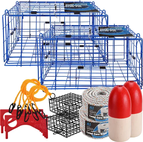 Paquete de 2 trampas plegables Pacific para cangrejos de 24 x 24 x 12 pulgadas, con jaula de cebo para cangrejo, medida de calibre, arnés de trampa,