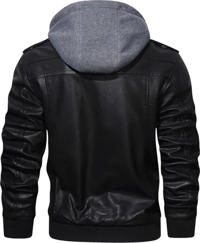 Miniatura 3 de Hood Crew - Chaqueta bomber para hombre, casual, con cuello alto, cazadora de moto, de piel sintética de poliuretano, con cremallera y capucha Negro