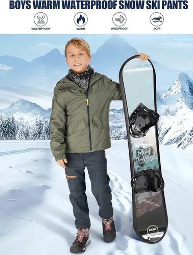 Miniatura 21 de linlon Pantalones impermeables para la nieve para niños y niños, forro polar lind para senderismo, softshell, cálidos, con aislamiento térmico