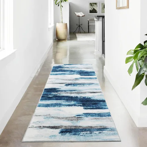 Miniatura 29 de Carvapet 9x12 Alfombras grandes para sala de estar y dormitorio, alfombra moderna lavable azul de pelo bajo con respaldo de goma, plegable, alfombra