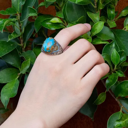 Miniatura 3 de Retro Natural Turquoise Ring for Men, 925 Sterling Silver Oval Sky Blue Stone Statement Ring,Turkish Vintage Engraving Design Handmade