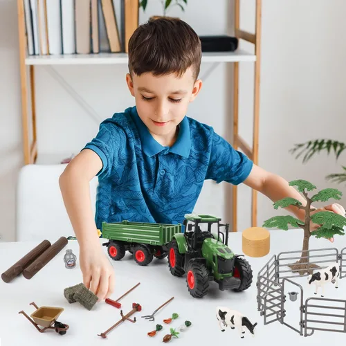 Miniatura 5 de Peagprav Juego de juguetes de tractor de animales de granja - tractor de 16.5 pulgadas con remolque, valla, granjero, árbol, vaca, juego de juguetes
