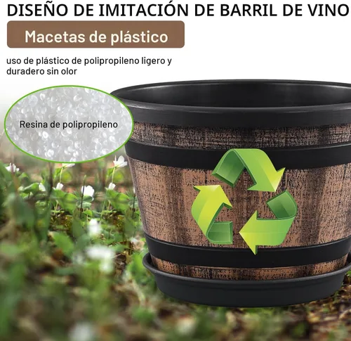 Miniatura 4 de Juego de Macetas Quarut de 4 Piezas de 12 Pulgadas, Paquete de Grandes Macetas de Barril de Whiskey con Agujeros de Drenaje y Platillo. Macetas