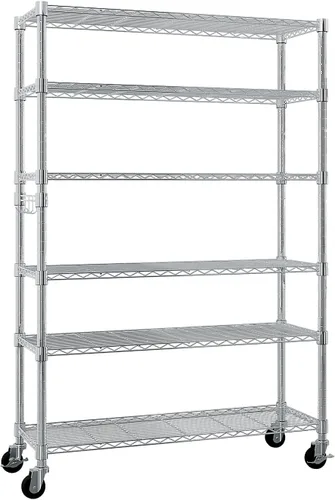 Estantes de almacenamiento resistentes de 6 niveles - Estante de metal con estantes y ganchos ajustables - Estante de alambre comercial con patas