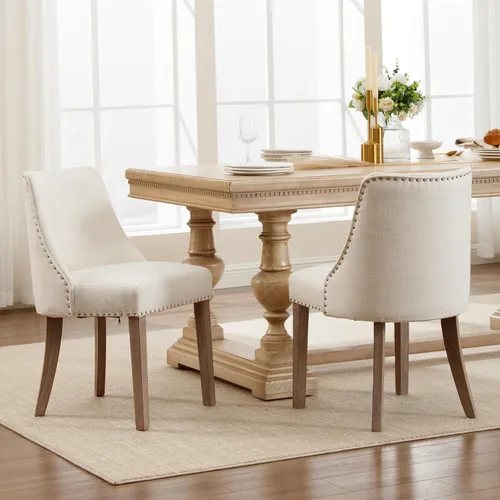 Juego de 2 sillas de comedor modernas de mediados de siglo, sillas decorativas de tela de lino, sillas auxiliares de madera para sala de estar,