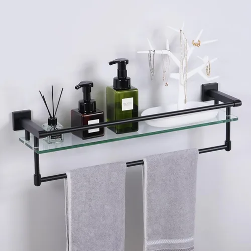 Miniatura 16 de Estante de baño de vidrio con barra para toallas, barra para toallas de acero inoxidable templado/estantes de baño de vidrio templado con riel