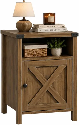 Catrimown Mesita de noche de granja, mesa auxiliar con puerta de granero y estante, moderna mesa auxiliar de cama, juego de mesitas de noche Roble