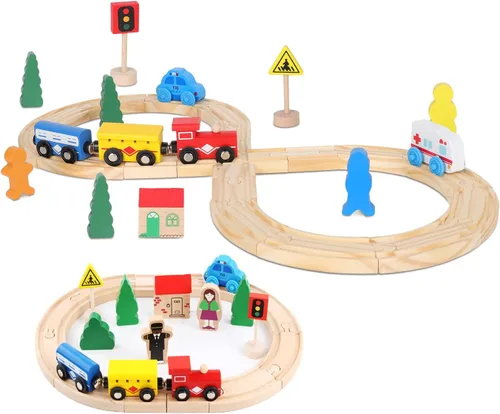 Juguetes de Vías de Tren de Madera para Niños Pequeños, 33 Piezas de Tren Magnético con Vías de Madera Compatible con Thomas, Brio, Chuggington,