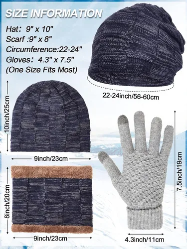 Miniatura 2 de 12 Pcs Winter Hat Scarf Gloves Set Winter Slouchy Skull Cap Knit Hats Winter Touch Screen Gloves Neck Warmer