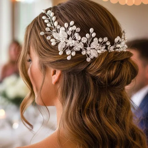 Miniatura 3 de Flower Bride Wedding Hair Vine - Tocado de novia de hoja de plata, accesorios para el cabello de perlas para mujeres y novias