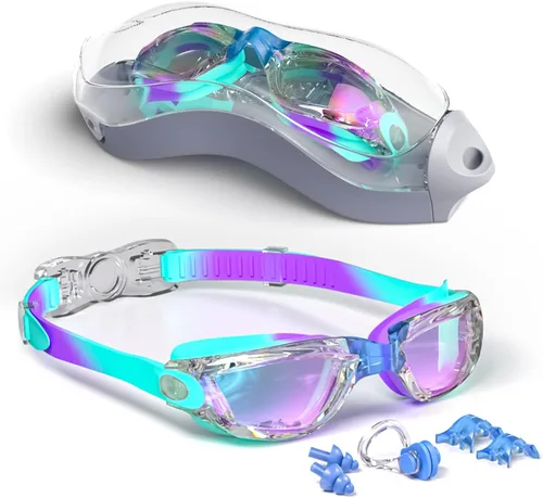 gafas de natación para niños con pinza para la nariz, tapones para los oídos, puente de nariz para niños de 3 a 15 años Azul y púrpura