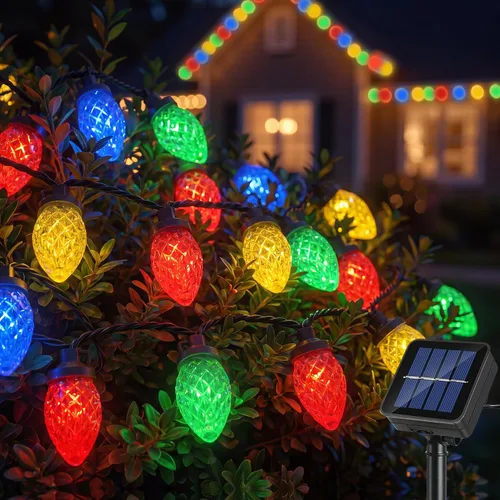 ITICdecor C7 - Guirnalda de luces solares de fresa, 31 pies, 50 luces LED coloridas IP65, impermeable, encendido/apagado automático, cable verde,
