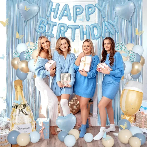 Miniatura 5 de Amandir Blue Birthday Decorations for Women, Light Dusty Blue White Sand Metallic Gold Confetti Foil Balloons Happy Birthday Banner Butterfly Fringe
