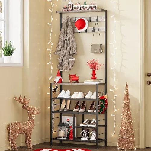 Miniatura 10 de GiftGo Árbol de pasillo grande vintage de 5 niveles con mesa de consola, entrada, perchero de pie para zapatos, estante organizador para el hogar