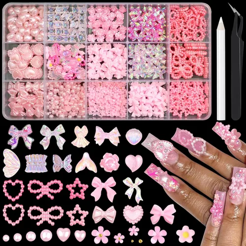 Miniatura 12 de RODAKY 1000 dijes de uñas con lazo, lazo rosa y blanco, corazón, estrella, coqueta, decoración de uñas, cuentas de perlas con parte trasera plana