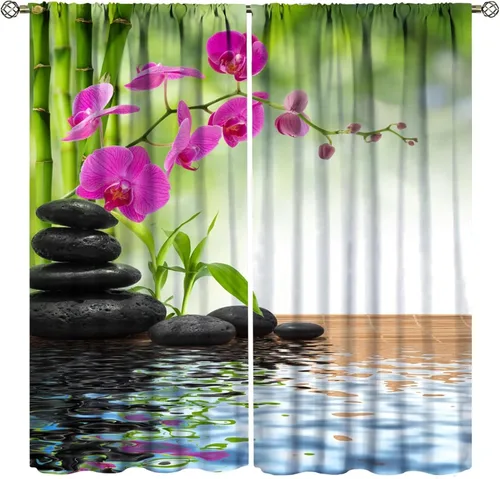 Miniatura 29 de Cortinas con estampado de bambú verde natural, plantas asiáticas, japonesas, tallos rústicos, hojas, cortina de selva con bolsillo para cortinero