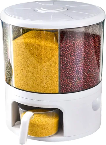 Miniatura 11 de Dispensador de arroz giratorio de 360°, almacenamiento de contenedores de arroz de 17 libras, dispensador de alimentos secos con soporte de 6