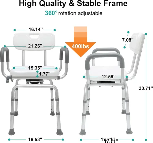 Miniatura 2 de PETKABOO Silla de ducha giratoria de 360 grados, asiento portátil con reposabrazos y respaldo, asiento de altura ajustable para bañera (blanco 1)