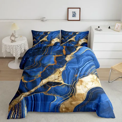 Miniatura 31 de Juego de edredón de mármol negro individual, ropa de cama dorada agrietada para adultos, hombres y mujeres, juegos de edredón de textura metálica