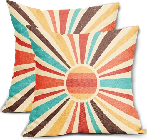 Miniatura 4 de Juego de 2 fundas de almohada verdes bohemias de 16 x 16 pulgadas, diseño bohemio, amanecer, puesta de sol, estampado abstracto de sol, fundas