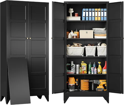 Miniatura 17 de Armario de almacenamiento negro con puertas y estantes ajustables, gabinetes de despensa de alimentos de granja de 36 pulgadas de alto, armario