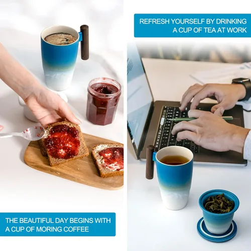 Miniatura 5 de suyika Tomotime - Taza de té de cerámica con infusor y tapa, asa de madera, 13.5 onzas (400 ml) (Azul cian)