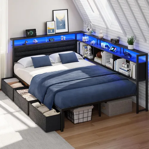 Miniatura 12 de OURPIC Marco de cama esquinero con estantería de almacenamiento y luces LED, marcos de cama de tamaño individual con cabecera tapizada y estación
