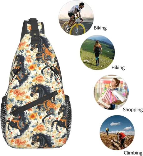 Miniatura 5 de Small Crossbody Bags for Women Men - Vintage Flower Black Horse Print Adjustable Shoulder Bag Fanny Packs Belt Sling Bag Crossbody Purses Backpack