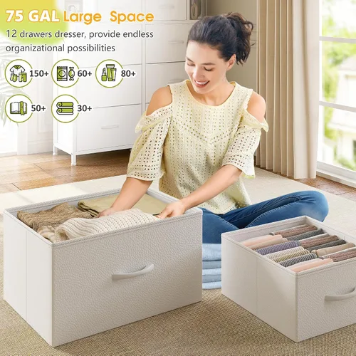 Miniatura 11 de EnHomee Cómoda blanca para dormitorio con luces LED y 12 cajones con 4 estantes abiertos, cómoda de tela y cómoda, marco de metal, 45.2 pulgadas