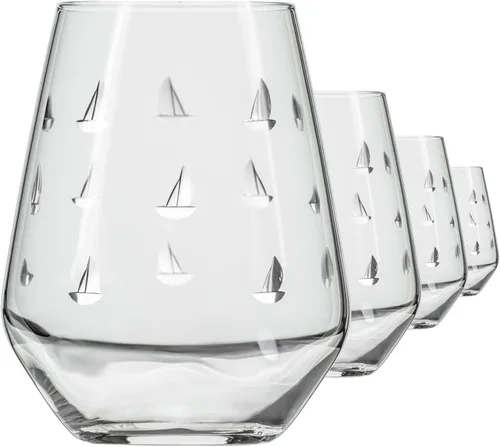 Rolf Glass Sailing - Vaso de vino sin tallo de 18 onzas, juego de 4 copas de vino sin tallo, vidrio sin plomo, vasos grabados, fabricados con Juego