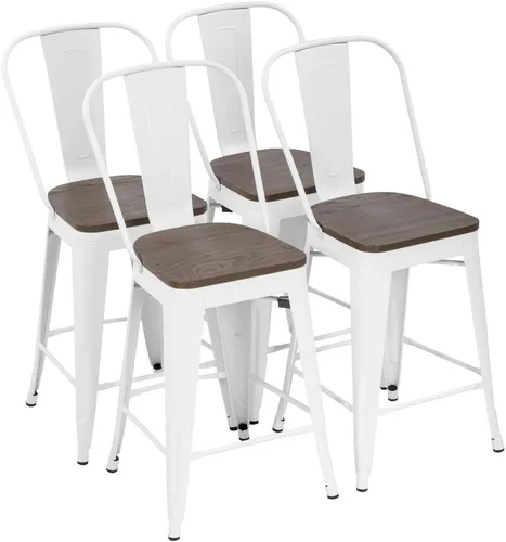 FDW Juego de 4 taburetes de bar de metal de altura de mostrador con respaldo de 24 pulgadas de altura de asiento, sillas de bar industriales, Blanco