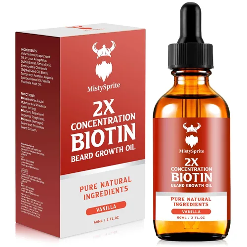 Aceite para el crecimiento de la barba, biotina de concentración 2X para hombres (2 onzas), natural con argán, jojoba y vitaminas, suavizante de
