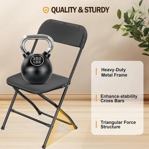 Miniatura 4 de VINGLI Juego de sillas plegables, asiento plegable portátil y cómodo para adultos, marco de metal con panel de plástico, ideal para fiestas, Negro